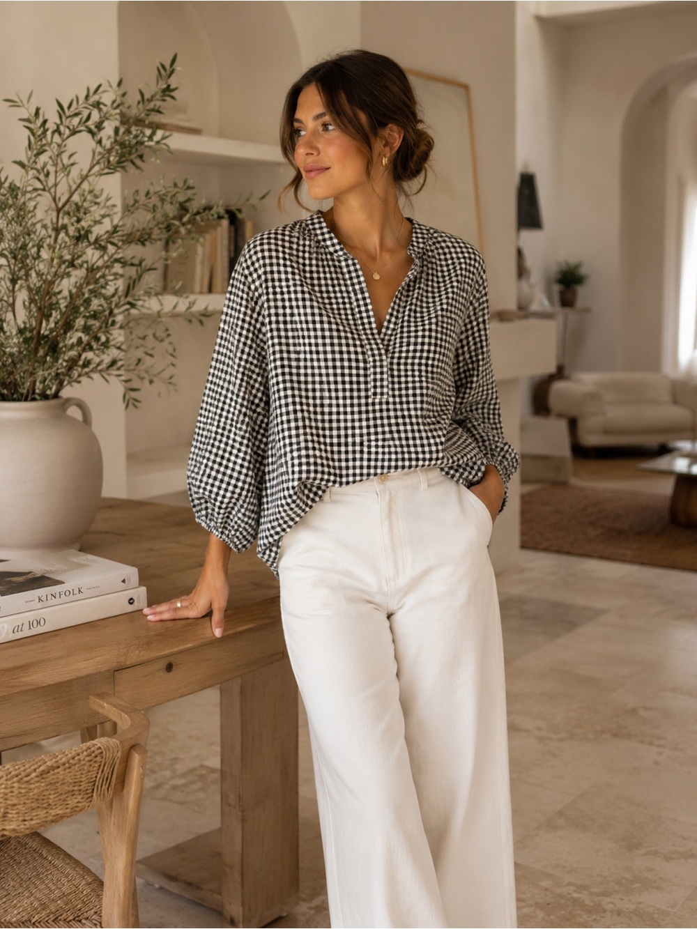 a new day Black and White Gingham Button-Down Blouse
